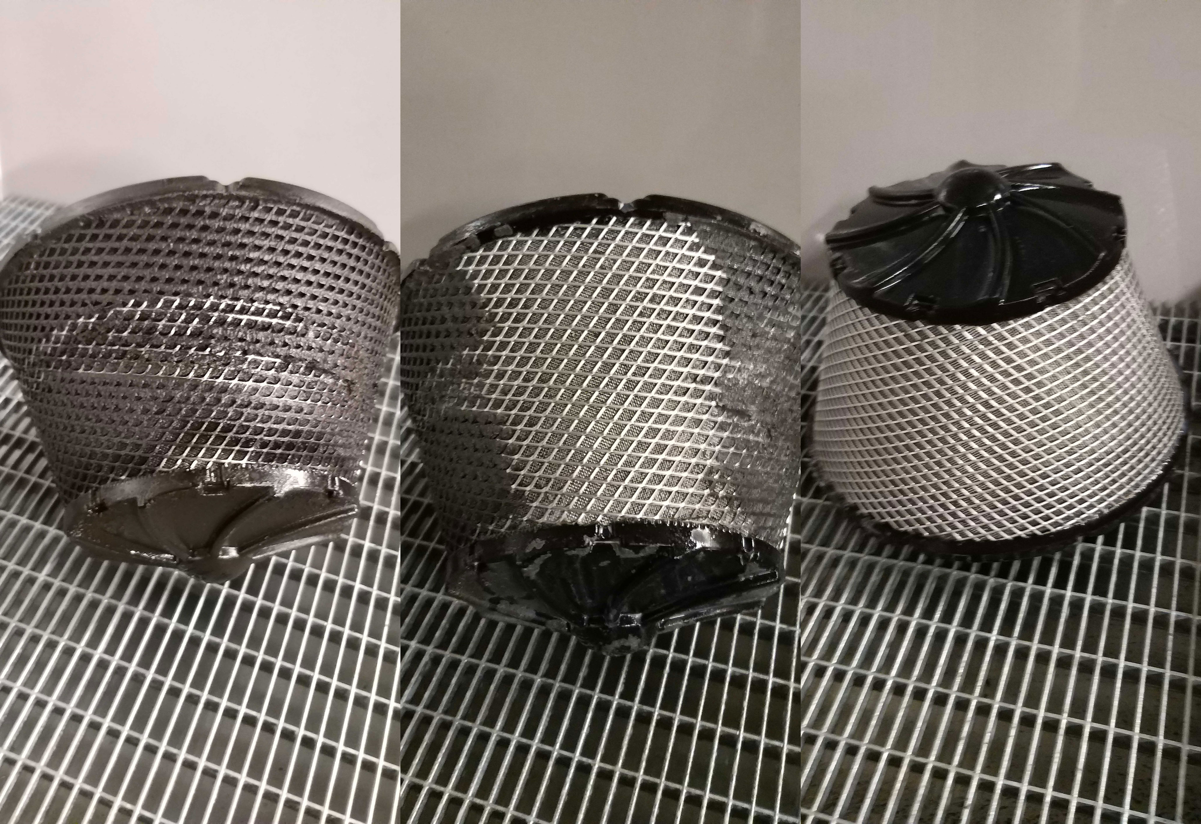 The example of a conical filter: Parts cleaning with low pressure hot cleaner – before and after in a minimal time span