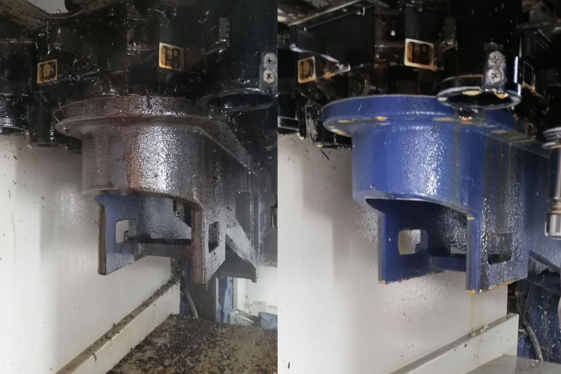 Reinigung von Werkzeugmaschinen 1 Reinigung eines Werkzeugmagazins mit ph-cleantec Vorher und nachher (10 Minuten später)
